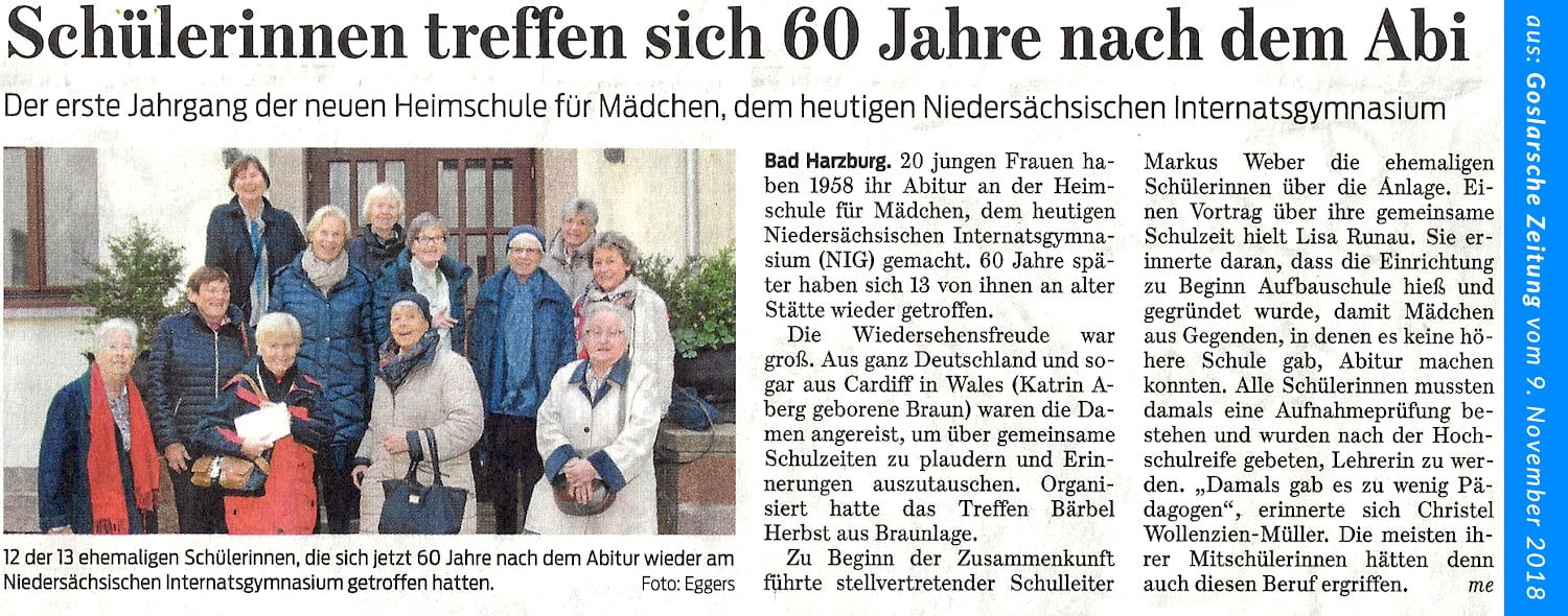 Zeitungsartikel: Wiedersehen am NIG nach 60 Jahren