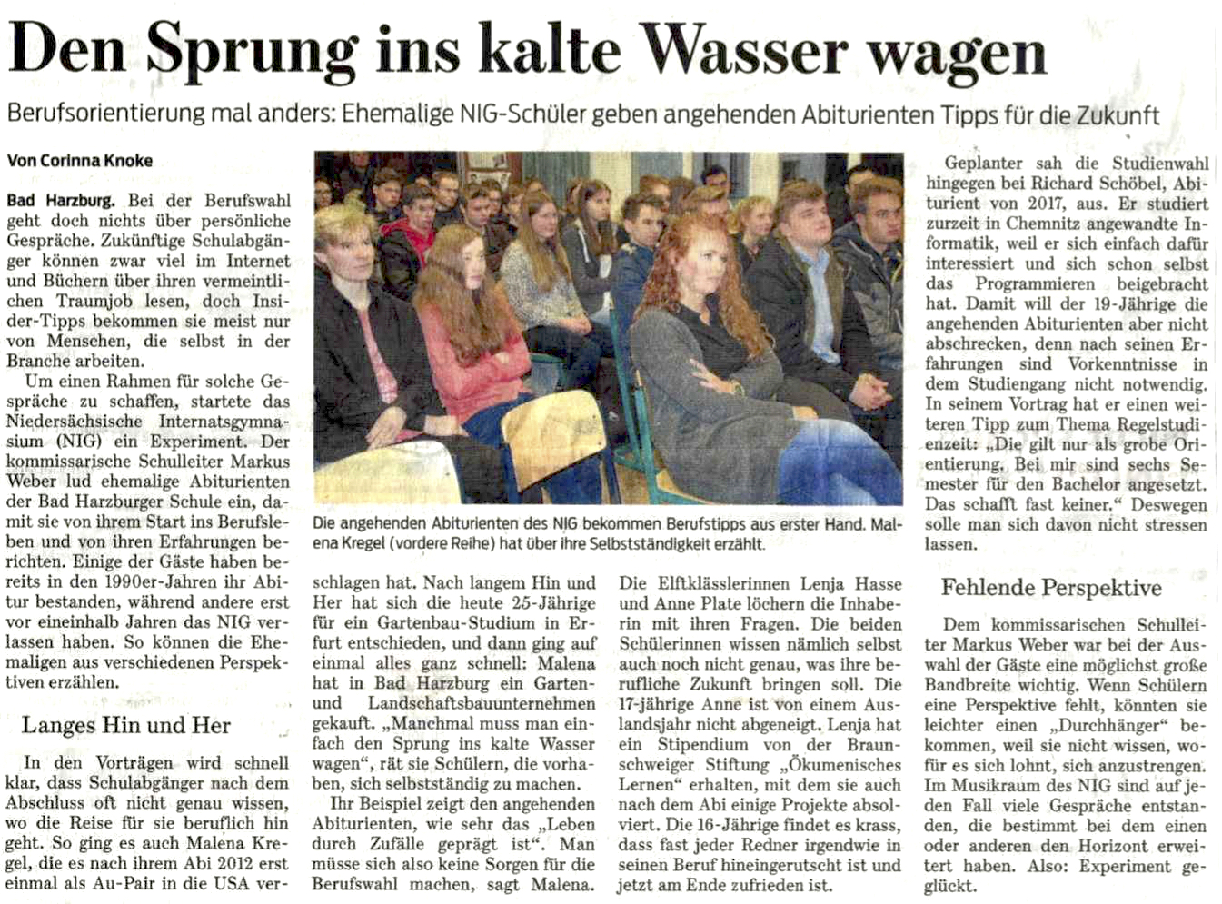 Artikel der Goslarsche Zeitung über den Berufsinformationstag am NIG